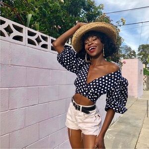 NWT Choosy Navy Polka Dot Wrap Top puff sleeves Size XS